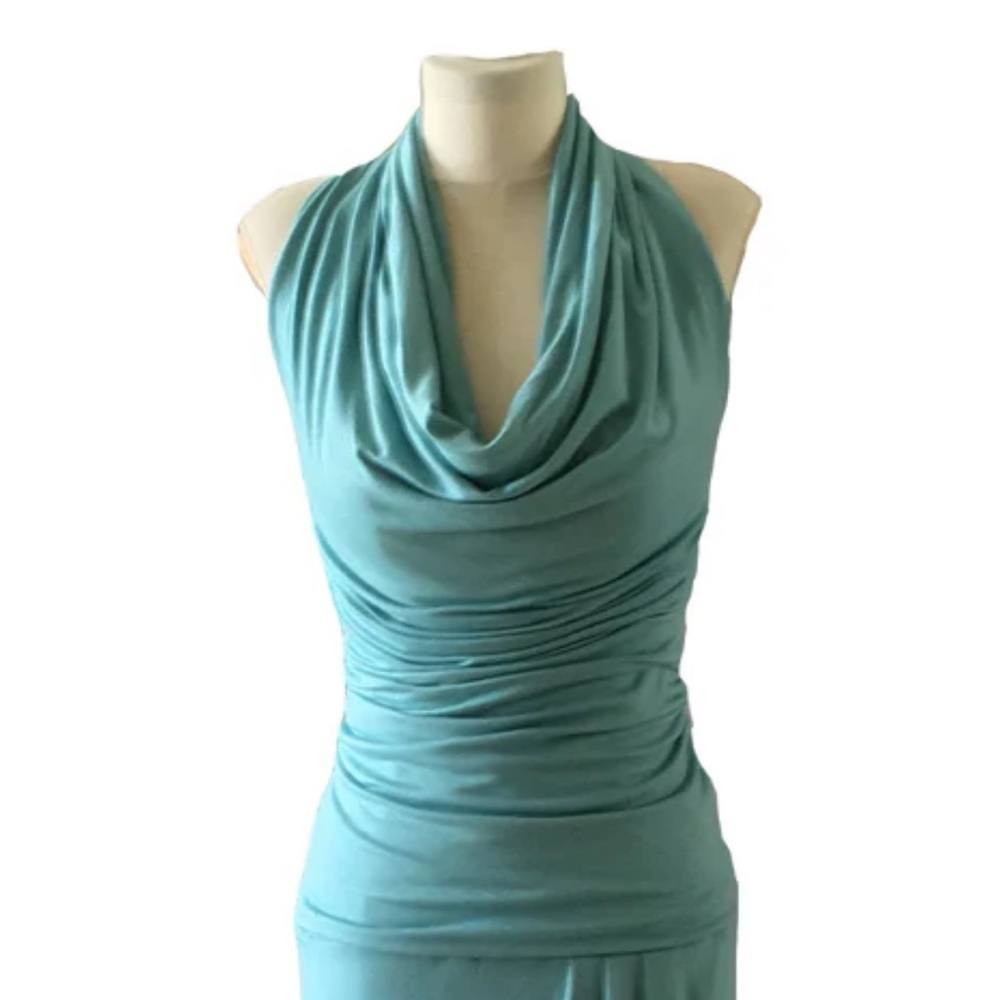 Joy Li Teal/Sky Draped Jersey Halter Top | S